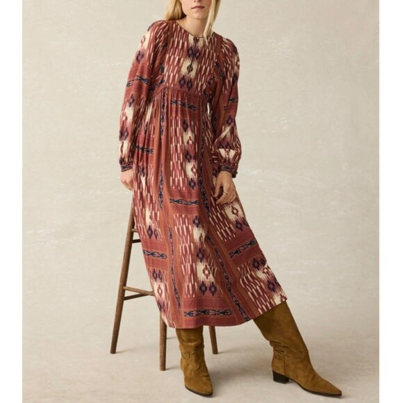 Faherty Stevie Dress Issa Patchwork Ikat Brown Long Sleeve Size XL - Picture 1 of 10